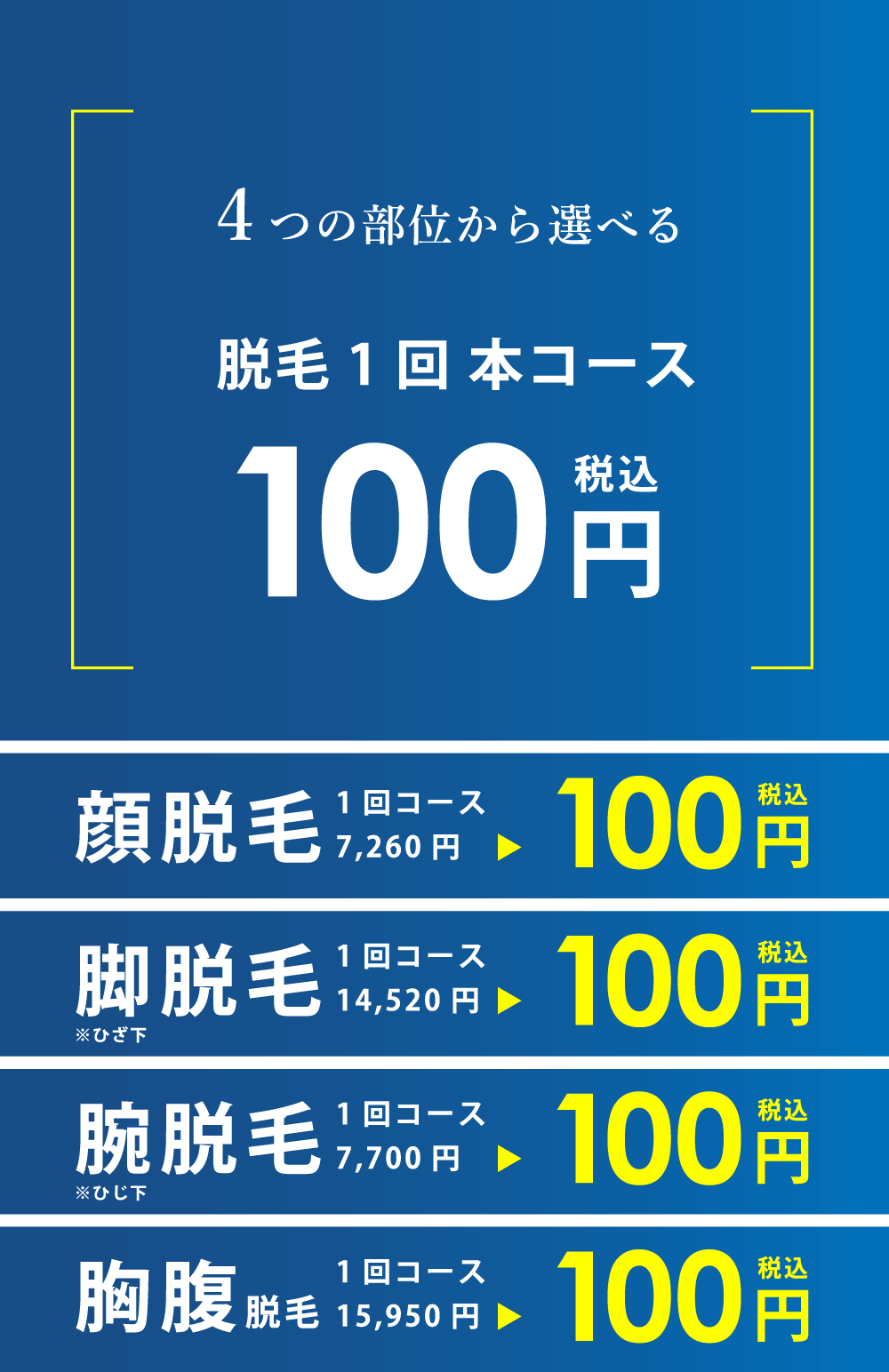 脱毛1回 本コース 100円